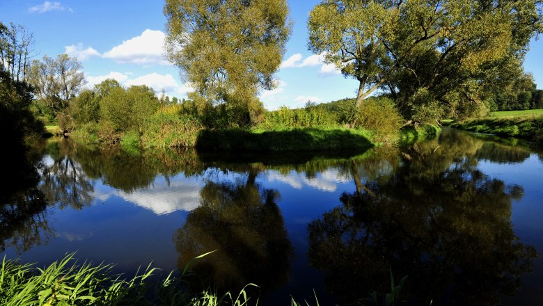 Ein ruhiger Fluss im Naturpark Dobersberg mit B&auml;umen und blauem Himmel im Hintergrund.