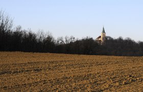 Eine Kirche mit gr&uuml;nem Turm auf einem H&uuml;gel, umgeben von B&auml;umen, im Hintergrund eines braunen Feldes.