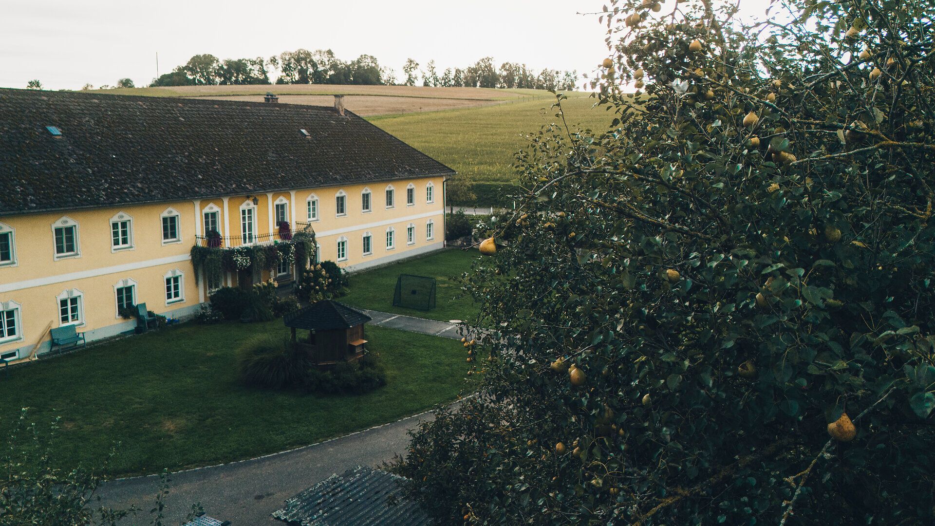 Inmitten sanfter Hügel und üppiger Obstbäume entfaltet sich eine malerische Kulisse, die zum Verweilen einlädt. Die gelben Wände des charmanten Gebäudes strahlen Wärme und Gastfreundschaft aus, während die frische Luft den Duft von reifen Äpfeln und Birnen verbreitet. Hier erleben Besucher die harmonische Verbindung von Natur und Kulinarik.