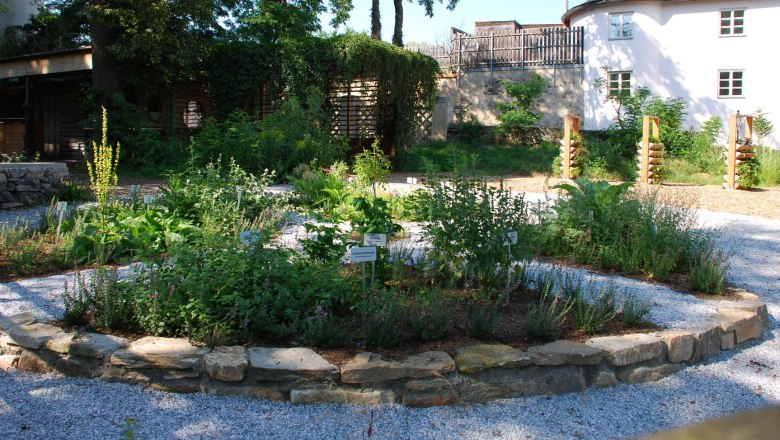 Ein gepflegter Garten mit verschiedenen Pflanzen und Schildern, umgeben von B&auml;umen und einem Geb&auml;ude im Hintergrund.