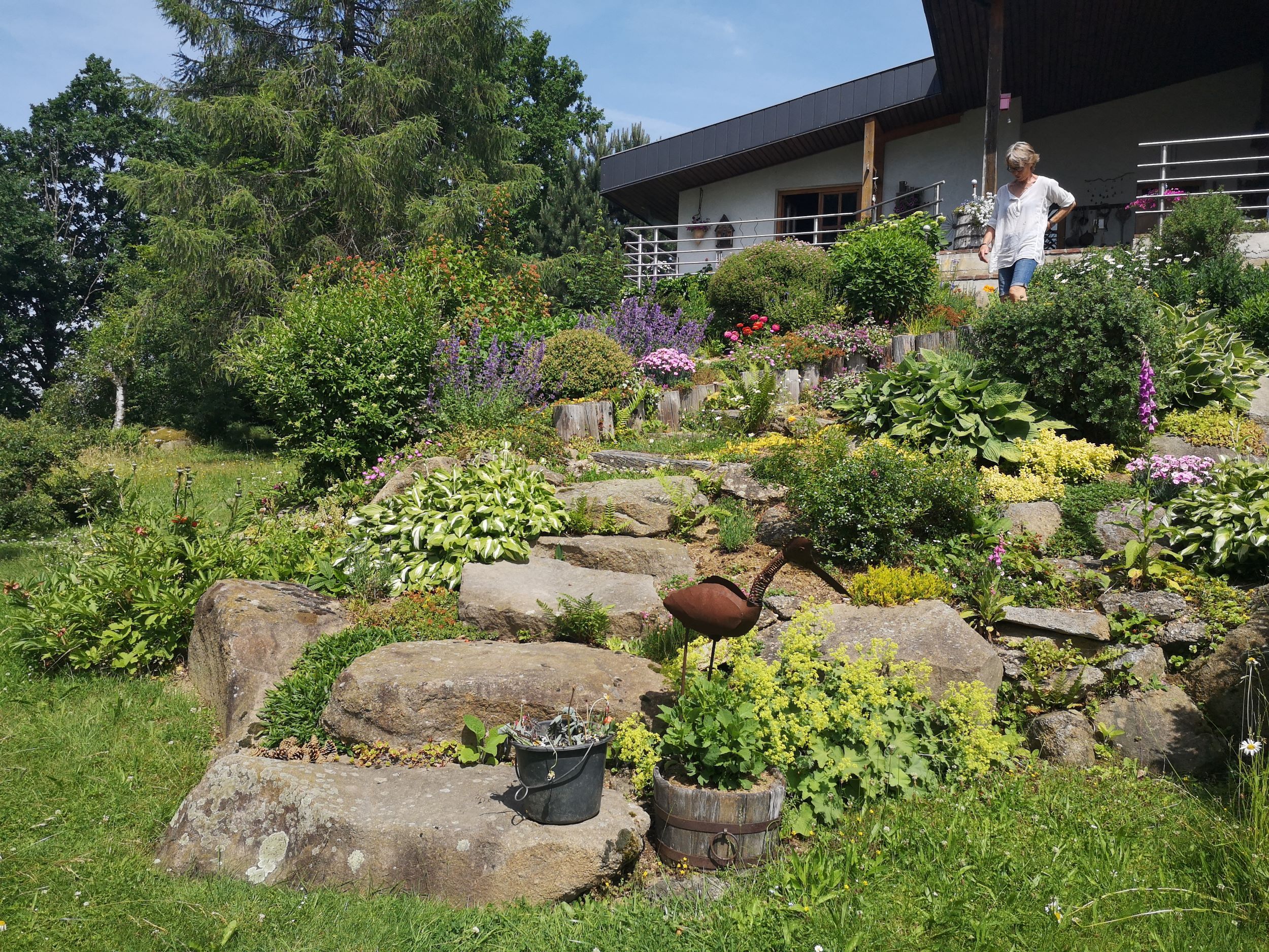 Ein blühender Steingarten mit verschiedenen Pflanzen und einer Metallskulptur eines Vogels. Eine Person steht auf einer Terrasse im Hintergrund.