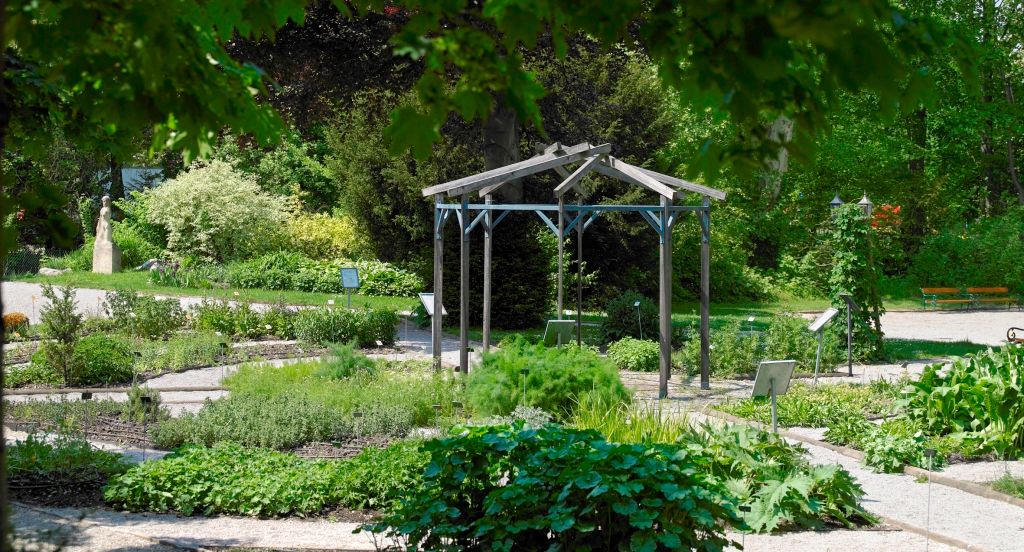 Ein gepflegter Garten mit einem Holzpavillon und verschiedenen Pflanzenbeeten, umgeben von Bäumen und Sträuchern.