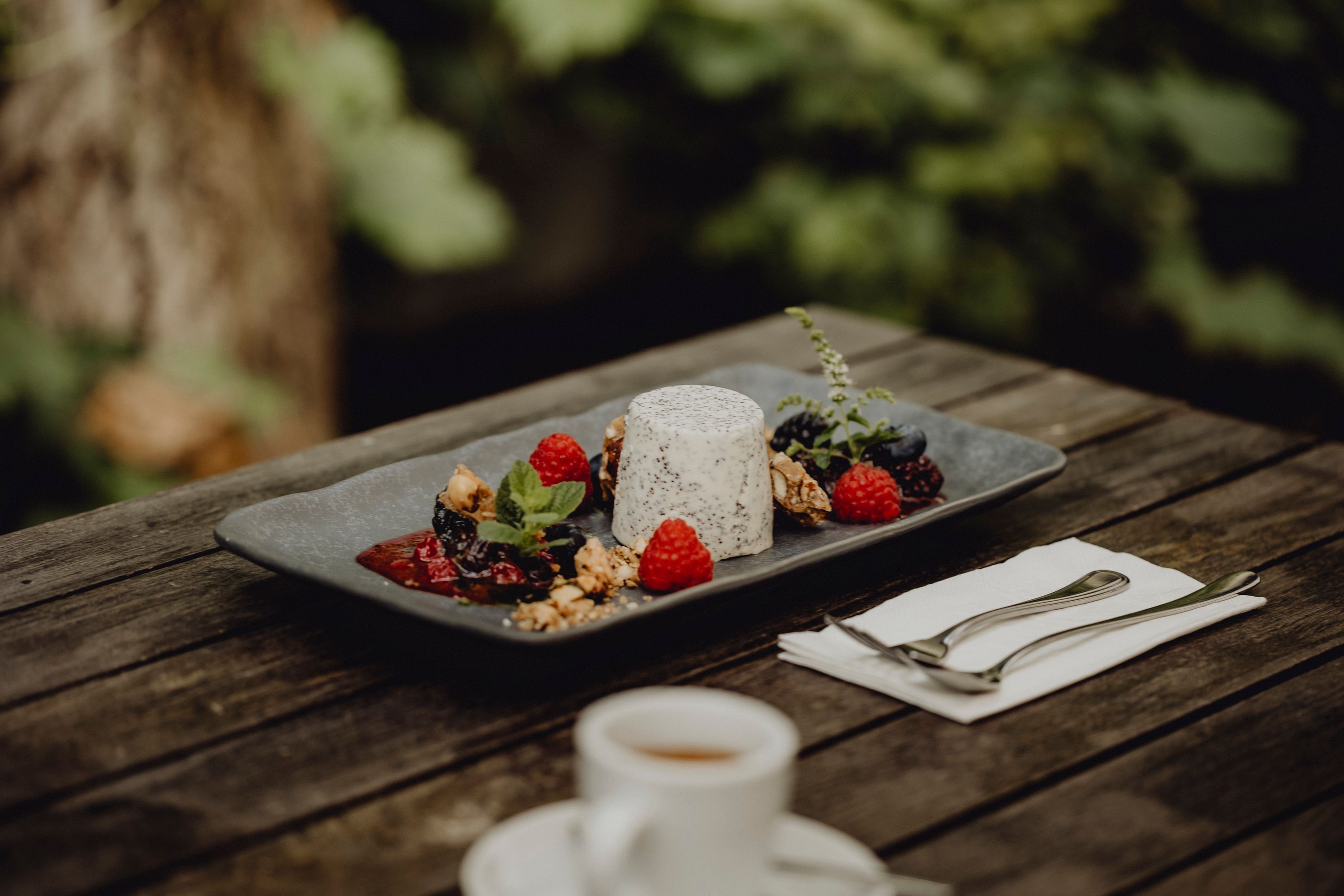 Mohn-Pannacotta mit Beeren und Nüssen auf einem Teller, serviert auf einem Holztisch im Freien.