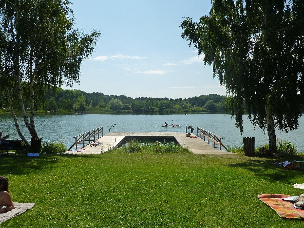 Ein Steg am Bergwerksee Langau mit Menschen, die schwimmen und sich sonnen. Umgeben von Bäumen und grüner Wiese.