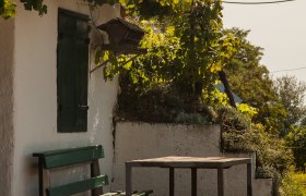Ein einladender Platz unter dem Schatten der Weinreben l&auml;dt zum Verweilen ein. Die sanfte Brise und das leise Rascheln der Bl&auml;tter schaffen eine entspannte Atmosph&auml;re, perfekt f&uuml;r eine Auszeit in der Natur.