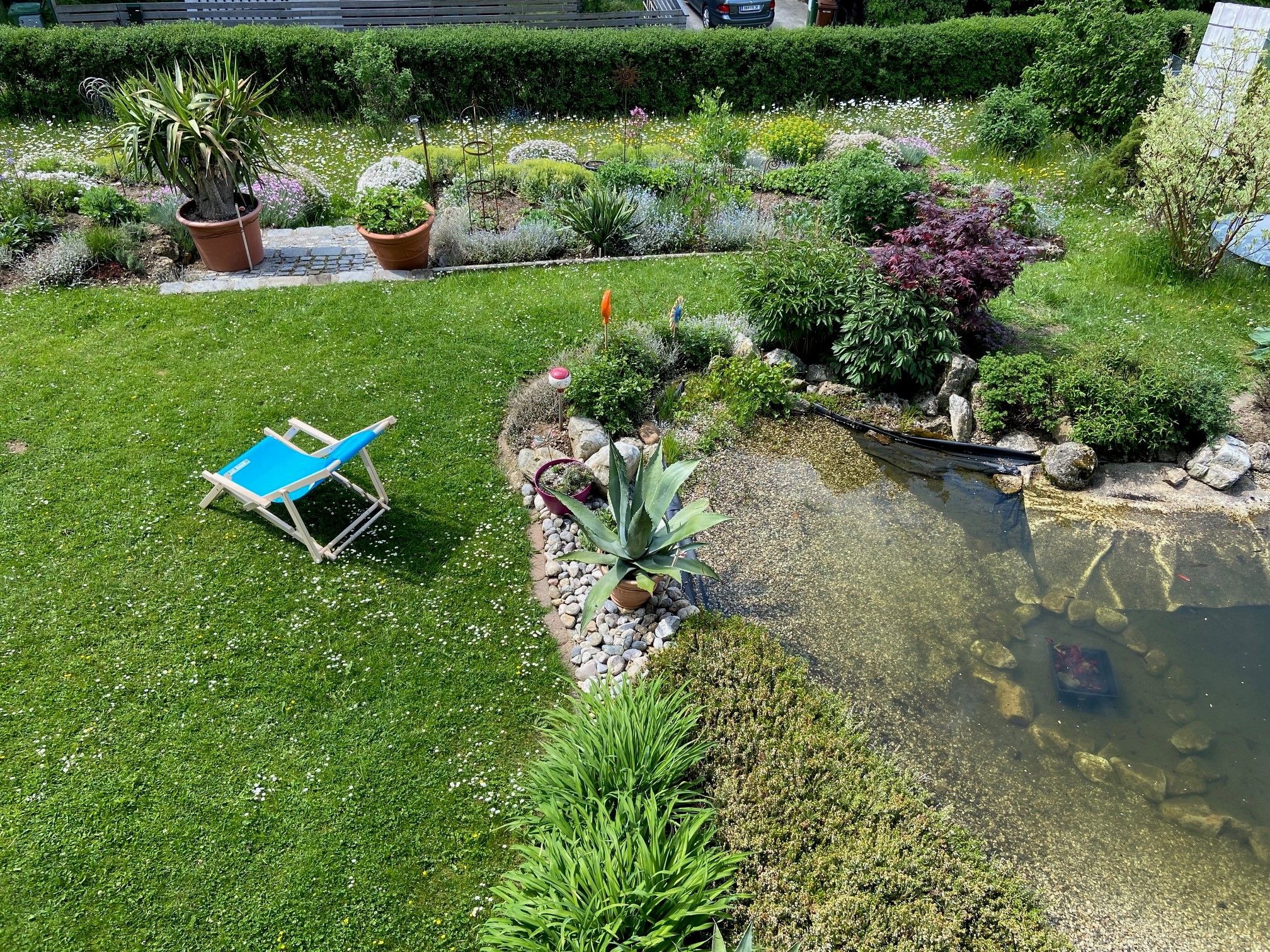 Garten mit Liegestuhl, Teich und Pflanzen.