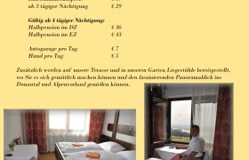 Informationsseite über Gästezimmer mit Preisen und Fotos eines Zimmers mit Aussicht.