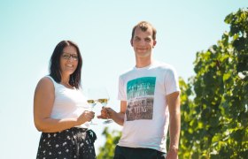 Zwei Personen sto&szlig;en mit Weingl&auml;sern im Freien an, umgeben von Weinreben.