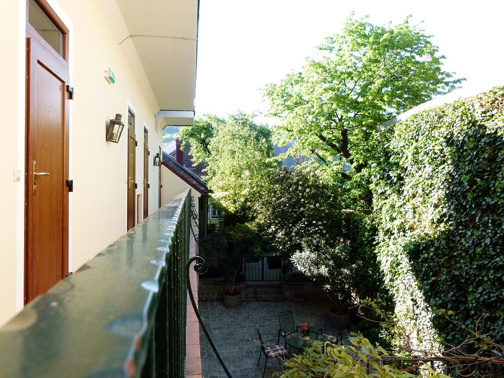 Blick von einem Balkon auf einen grünen Innenhof mit Bäumen und Kletterpflanzen.