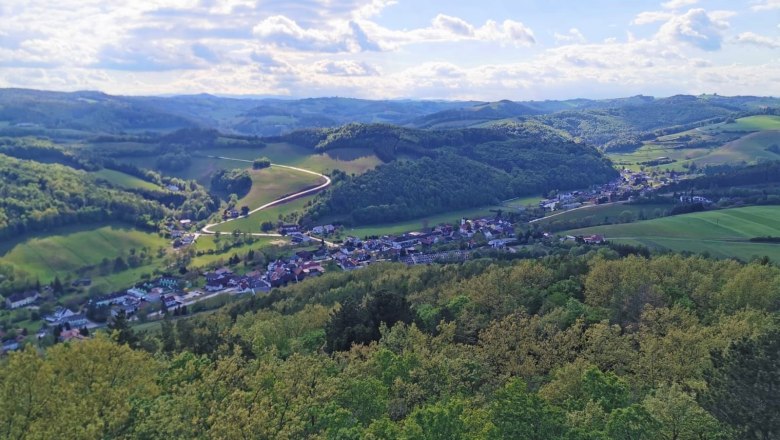 Panoramablick auf gr&uuml;ne H&uuml;gellandschaft mit W&auml;ldern, blauem Himmel und kleinem Dorf.