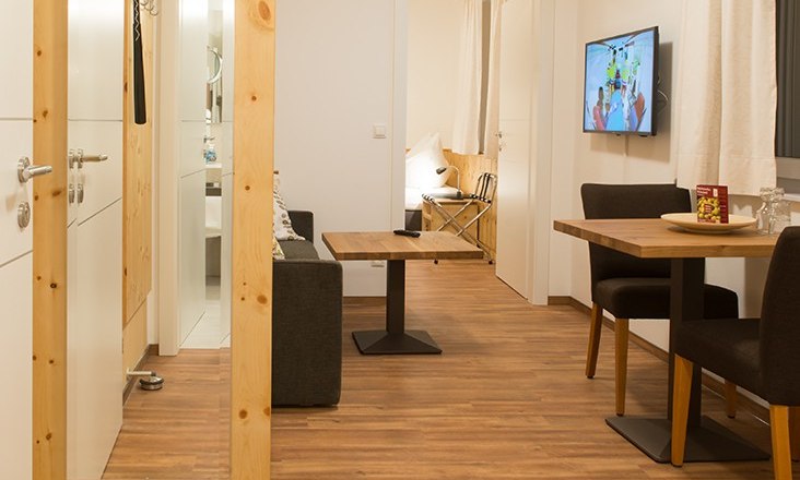 Modern eingerichtetes Zimmer mit Holzboden, Sofa, Esstisch und Fernseher an der Wand.