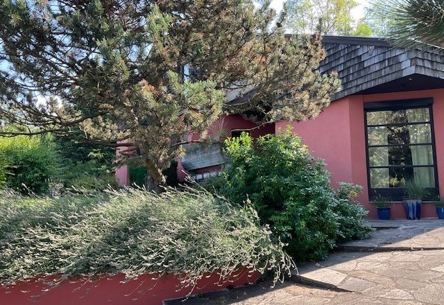 Ein modernes Haus mit roter Fassade, umgeben von Bäumen und Sträuchern.