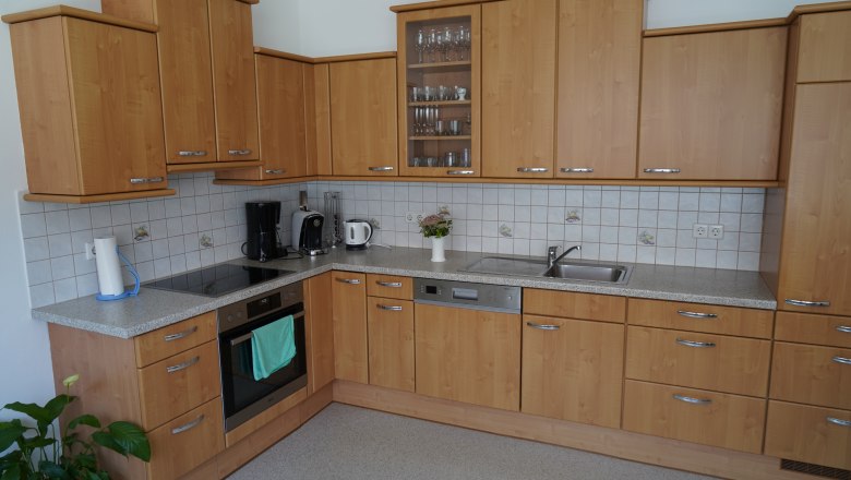 Moderne K&uuml;che mit Holzschr&auml;nken, Elektroger&auml;ten und Sp&uuml;le.