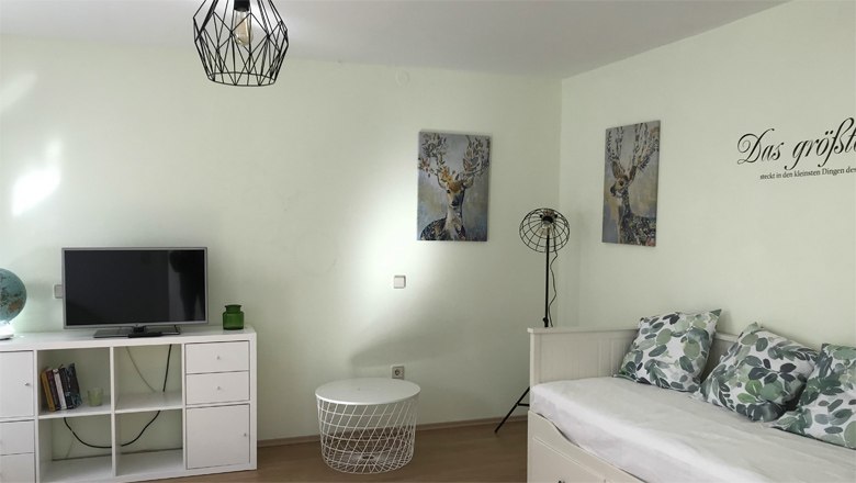 Moderner Wohnbereich mit Sofa, TV, Bildern und dekorativen Kissen.