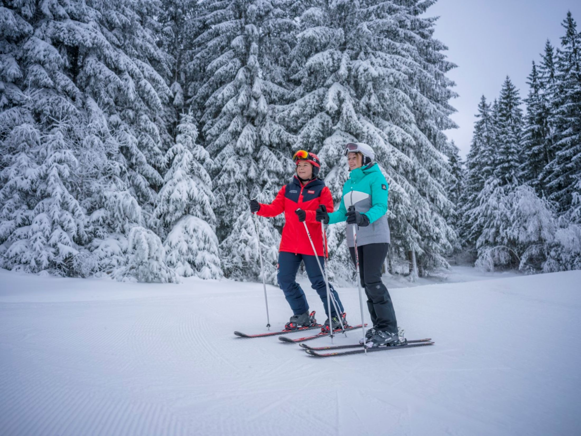 Zwei Skifahrer stehen auf einer verschneiten Piste vor schneebedeckten Bäumen.