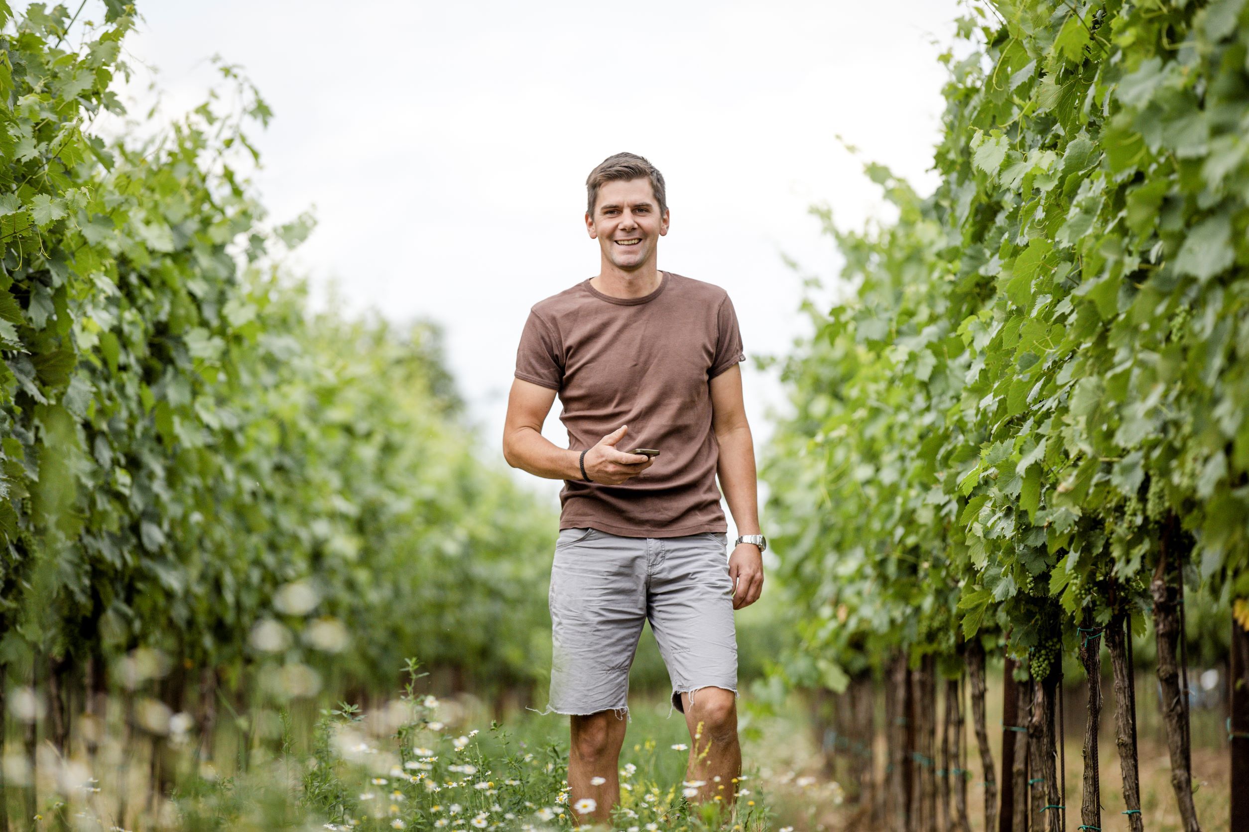 Ein Mann in einem Weinberg, lächelnd und in Freizeitkleidung, umgeben von grünen Weinreben.