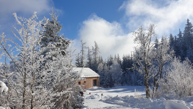 Verschneite Landschaft mit einem Holzhaus und B&auml;umen unter blauem Himmel.