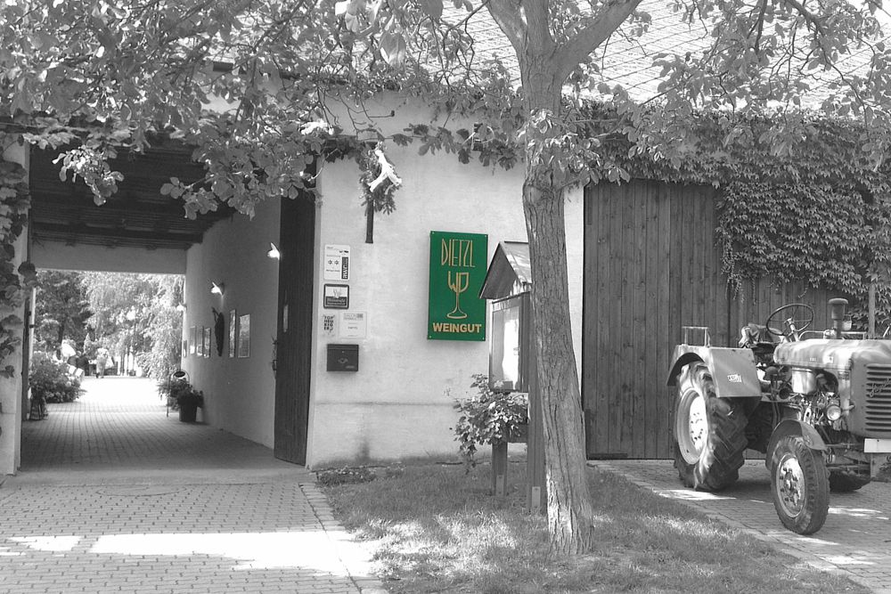 Eingang eines Weinguts mit Traktor und Schild 'Dietzl Weingut'.
