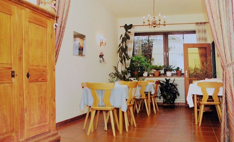 Ein gemütliches Speisezimmer mit Holzmöbeln, Pflanzen und einem Kronleuchter.
