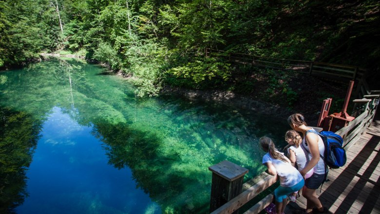 Eine Frau und zwei Kinder schauen von einem Holzsteg auf einen klaren, gr&uuml;nen Fluss in einem Wald.