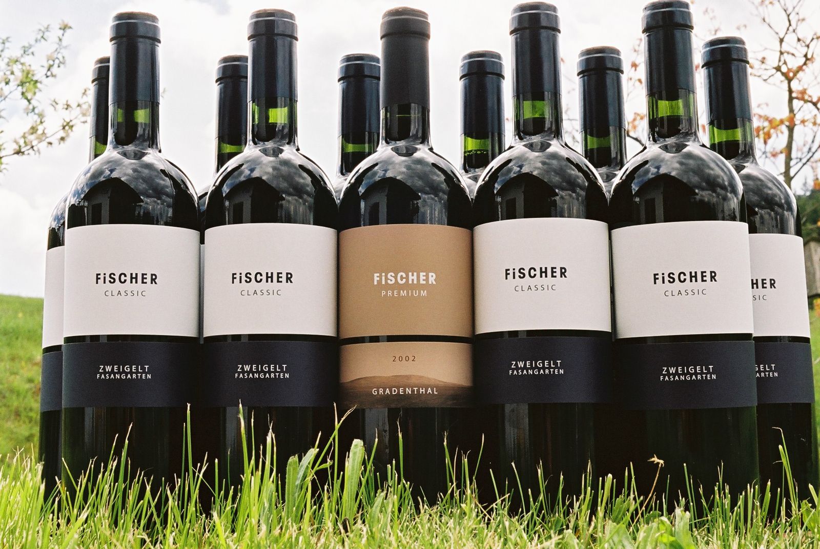 Mehrere Weinflaschen der Marke Fischer stehen im Gras.