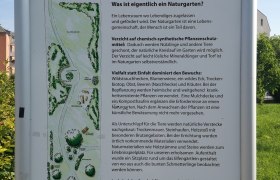 Informationsschild des Sparkasse Korneuburg IGLPARK mit Text über Naturgärten und einer Karte des Parks.