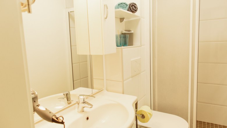 Kleines Badezimmer mit Waschbecken, Spiegel, Dusche und Toilette.