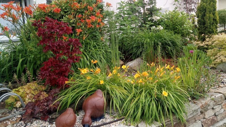 Ein bunter Vorgarten mit Blumen und Dekoration.