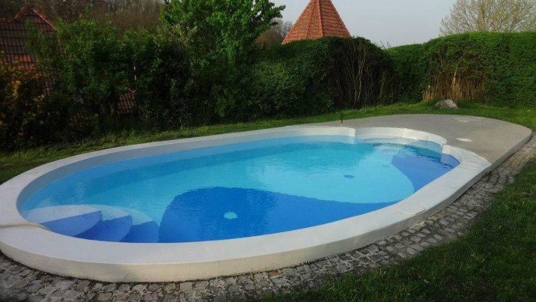 Ein ovaler Pool im Garten mit blauer Wasseroberfl&auml;che, umgeben von Rasen und B&uuml;schen.