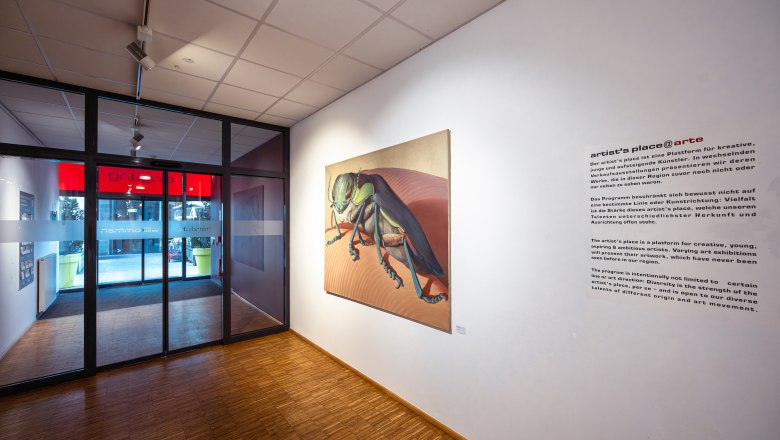 Innenansicht eines Flurs im arte Hotel Krems mit einem gro&szlig;en Insektenbild an der Wand und einer Glast&uuml;r im Hintergrund.