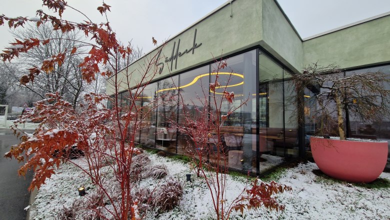 S&uuml;ddeck au&szlig;en mit Schnee und rotem Strauch