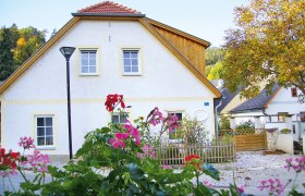 Ein wei&szlig;es Ferienhaus mit roten Dachziegeln und einem Gartenzaun, umgeben von bl&uuml;henden Blumen und B&auml;umen im Herbst.