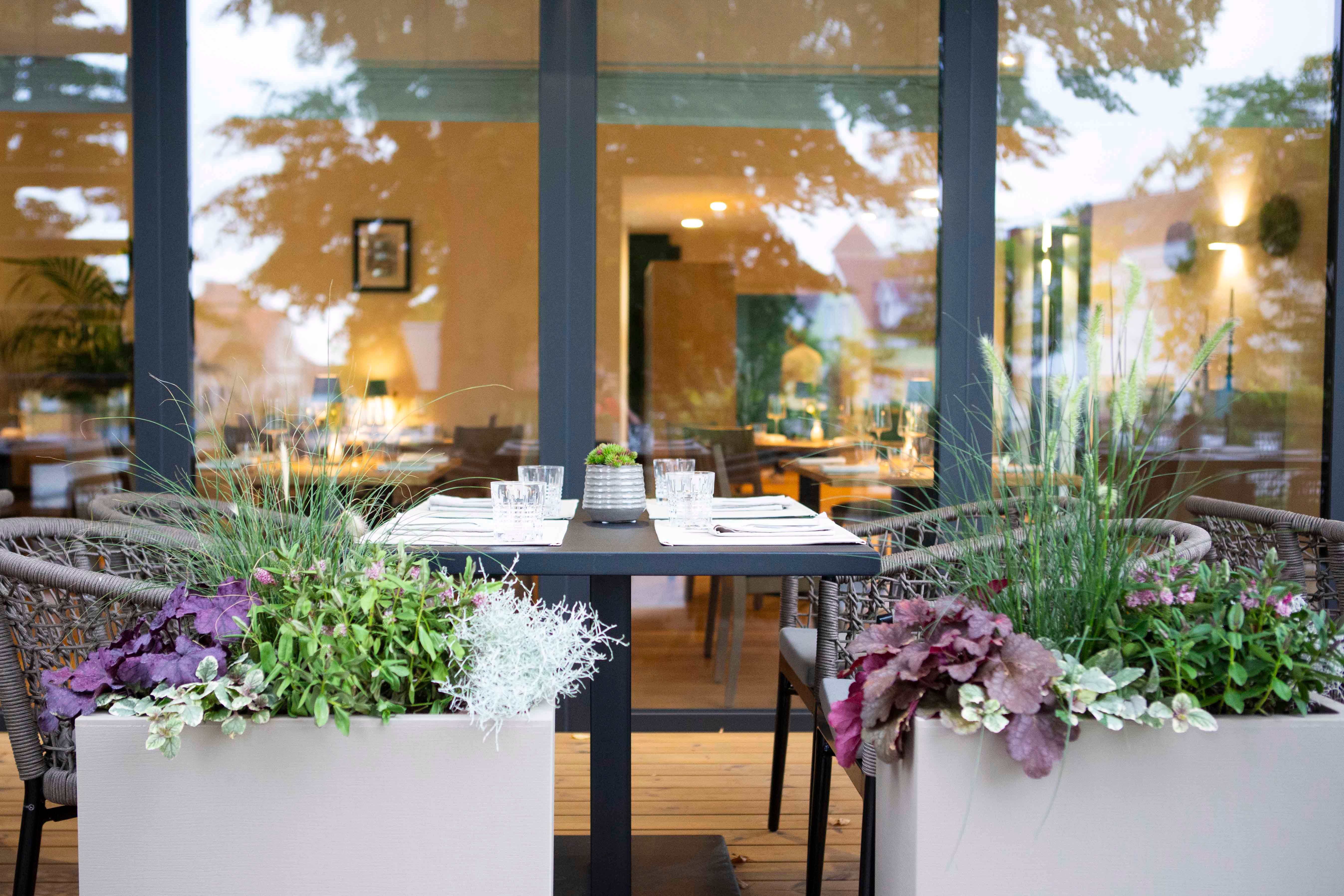 Gedeckter Tisch auf Terrasse mit Pflanzen, Blick ins Restaurant.