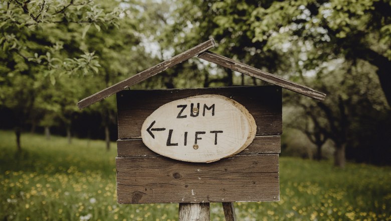 Holzschild im Gr&uuml;nen mit Aufschrift 'Zum Lift' und Pfeil nach links.