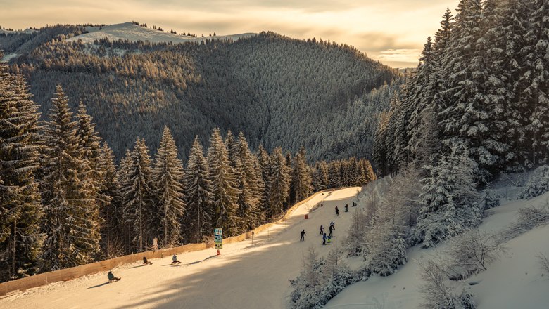 Winterlandschaft mit Rodelbahn und Menschen am Semmering.