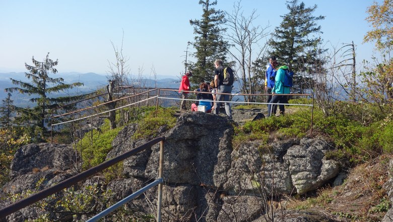Gruppe von Wanderern auf einem felsigen Aussichtspunkt mit Gel&auml;nder, umgeben von B&auml;umen und Bergen im Hintergrund.