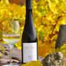 Weinflasche und Glas vor herbstlichen Weinreben.