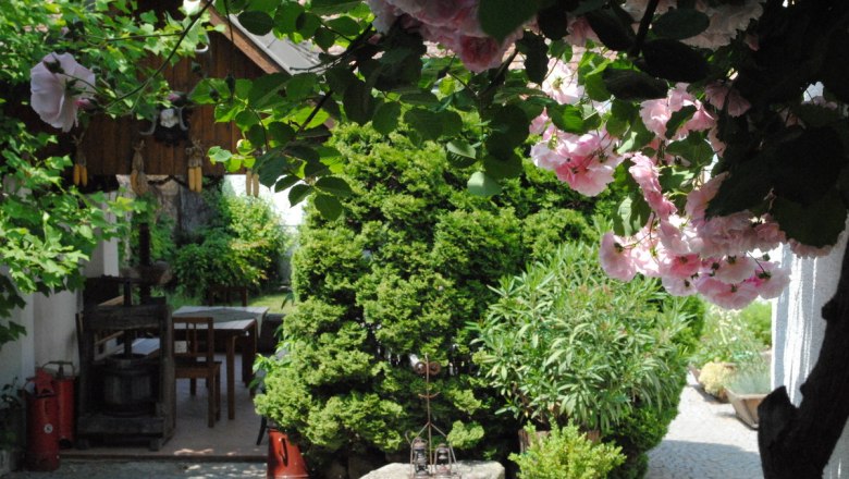 Ein idyllischer Garten mit bl&uuml;henden Rosen, einem Holztisch und einem kleinen Holzhaus im Hintergrund.