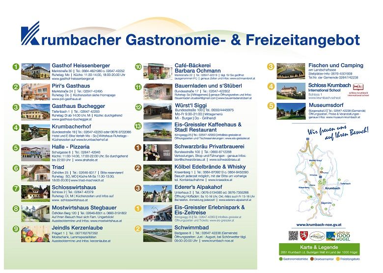 Informationsblatt über Gastronomie und Freizeitangebote in Krumbach mit Adressen und Bildern von Restaurants und Sehenswürdigkeiten.