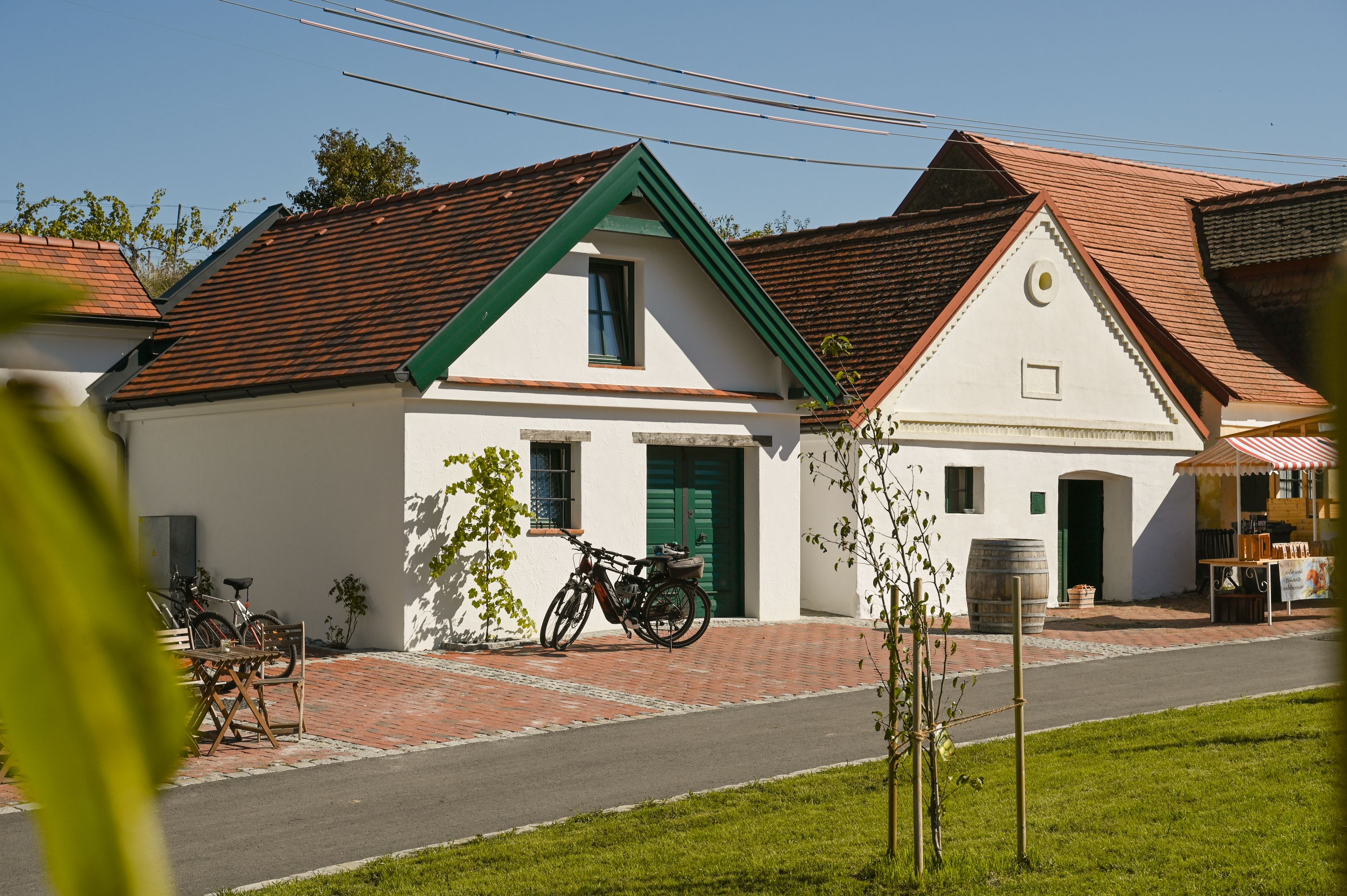 Weinkeller mit Fahrrädern und Verkaufsstand bei sonnigem Wetter.