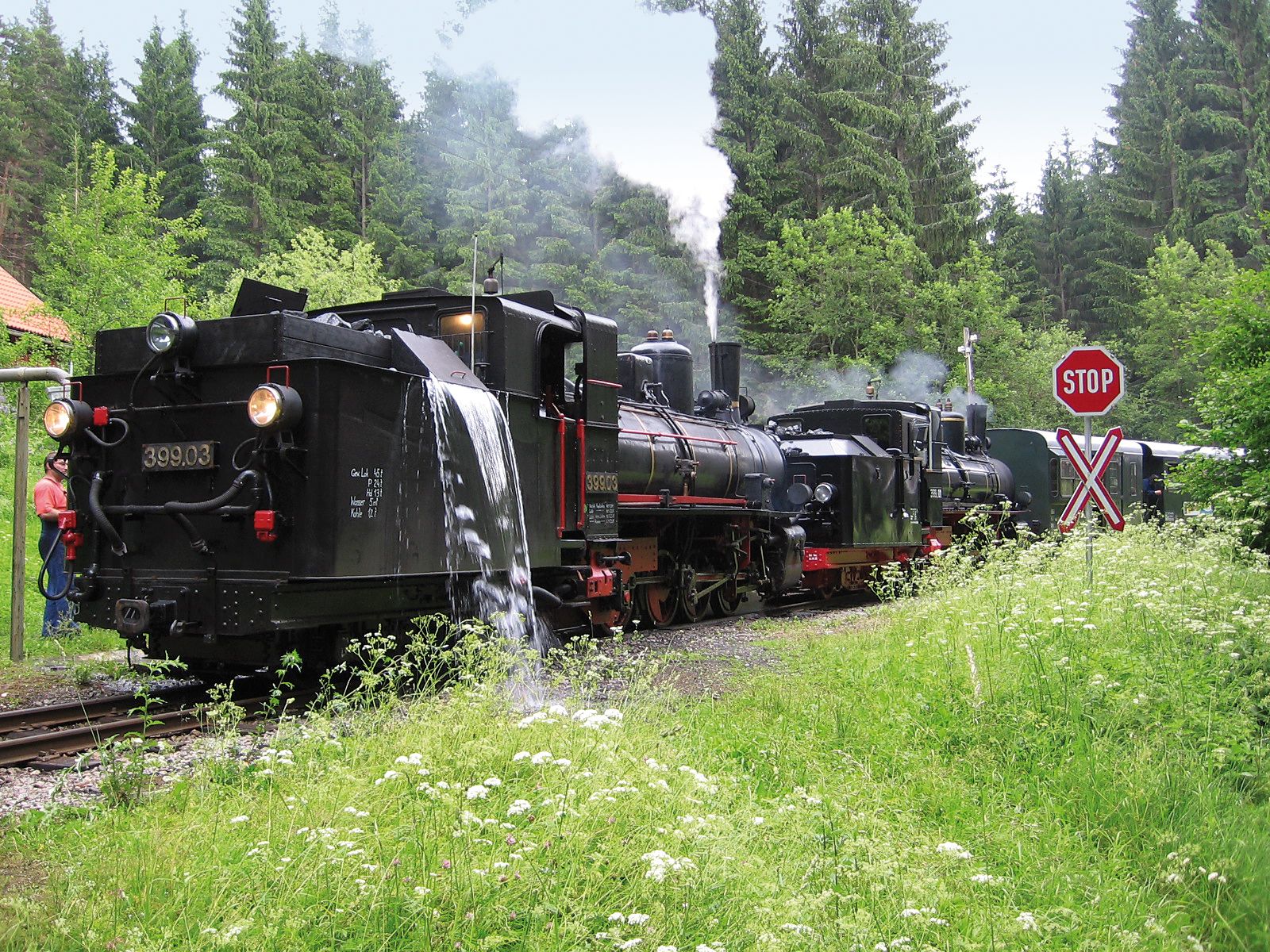 Dampflokomotive der Waldviertelbahn wird im Wald mit Wasser befüllt.