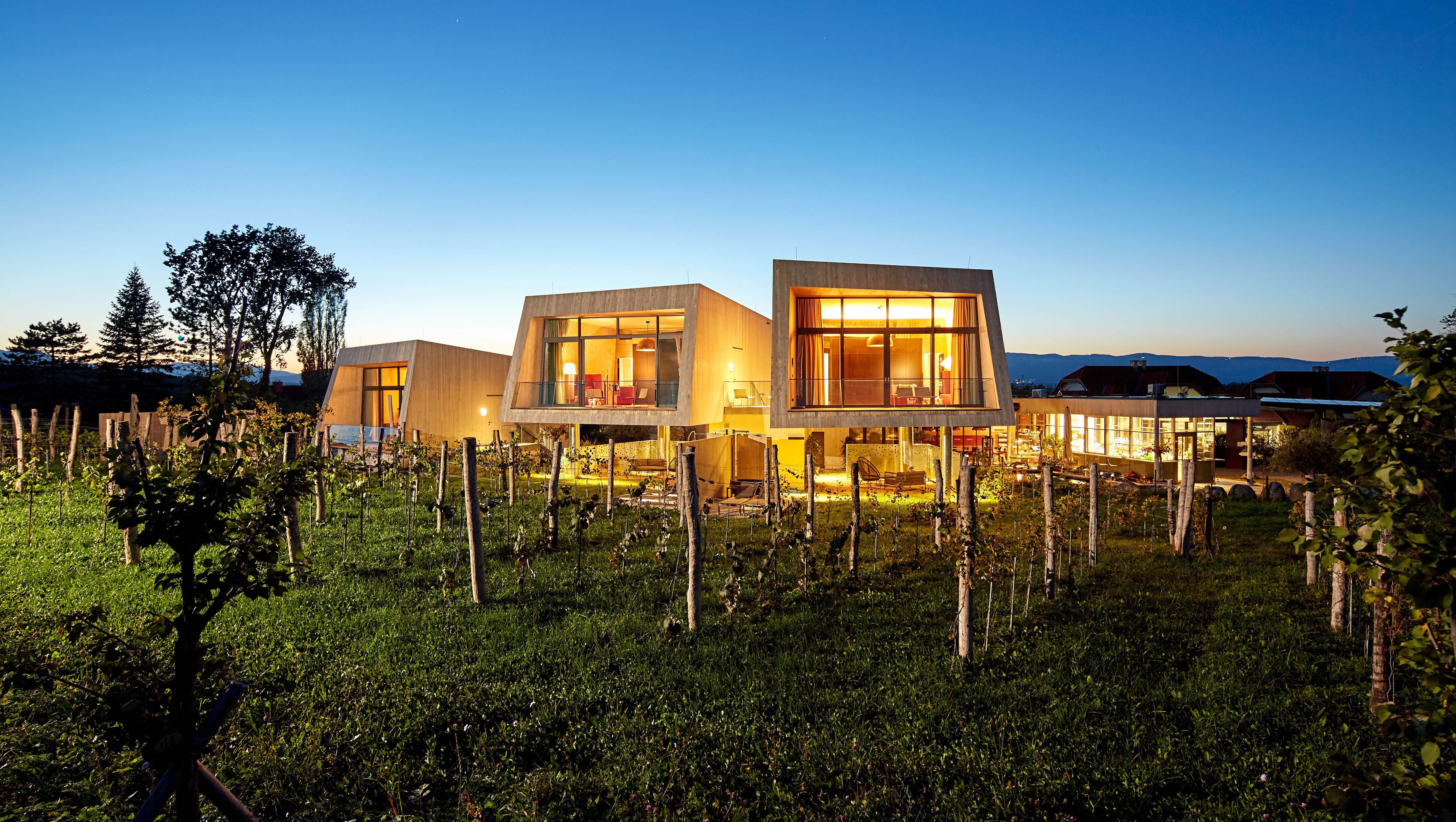 Moderne Gartenlofts auf Gut Guntrams bei Dämmerung, umgeben von Weinreben.