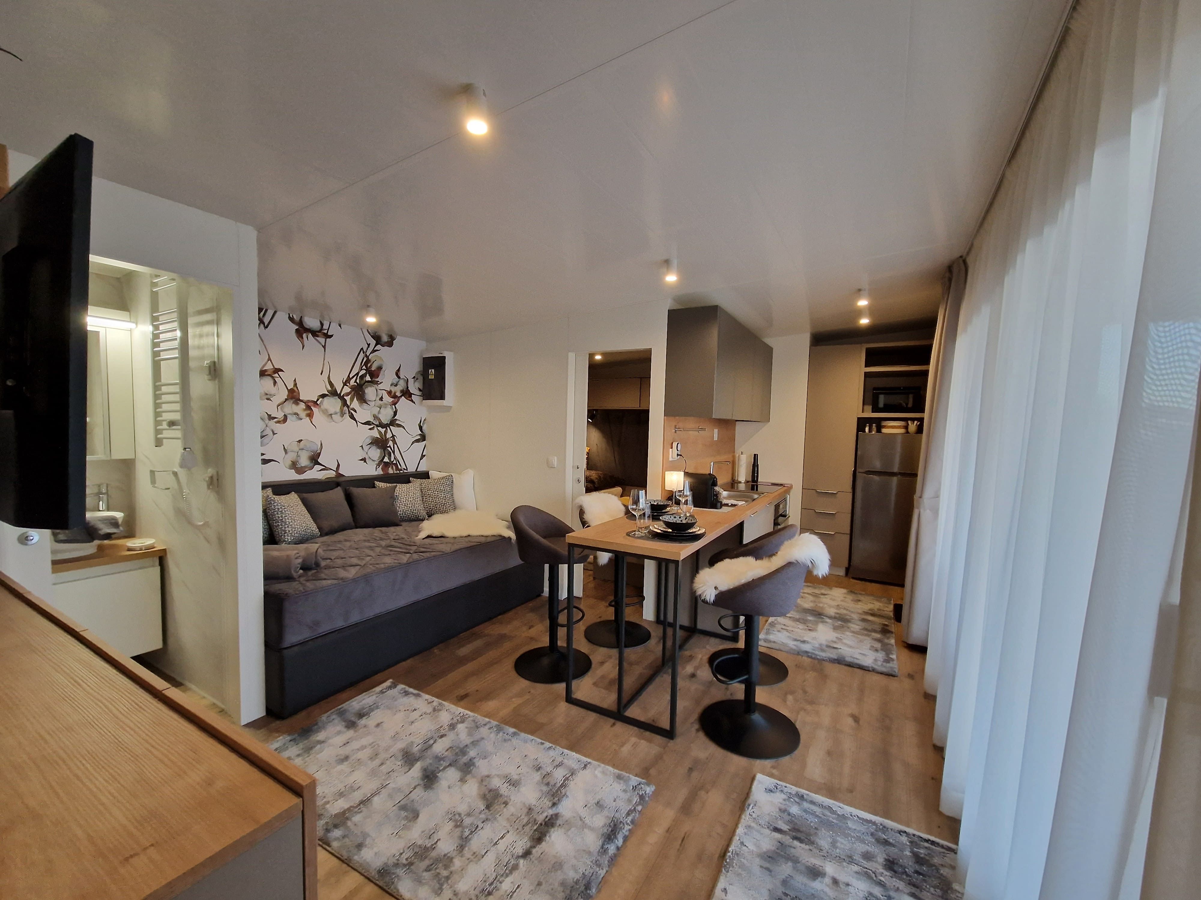 Modernes Wohnzimmer mit Küchenzeile, Esstisch und Sofa.