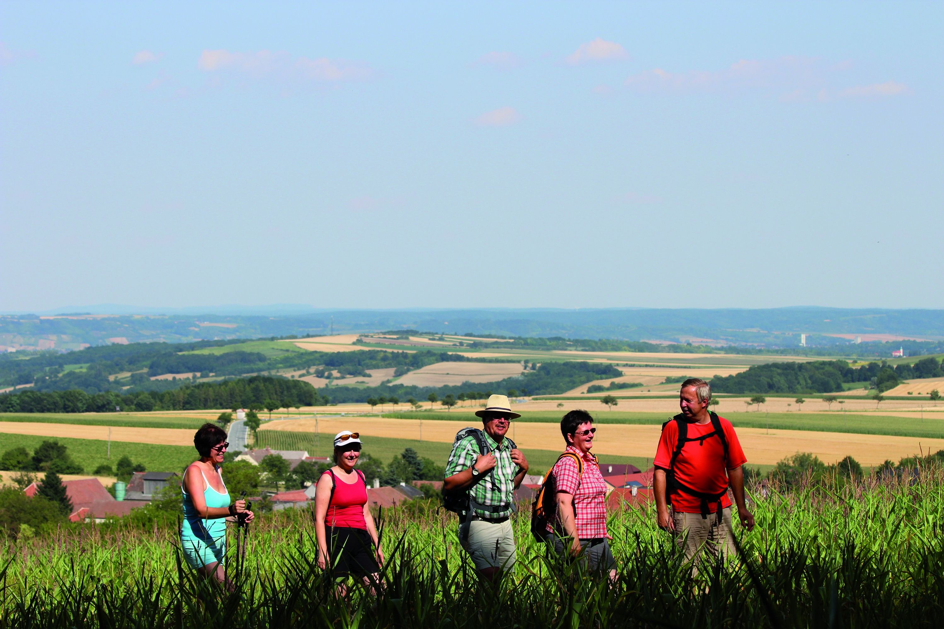 Gruppe von Wanderern auf einem Feldweg mit weiter Landschaft im Hintergrund.