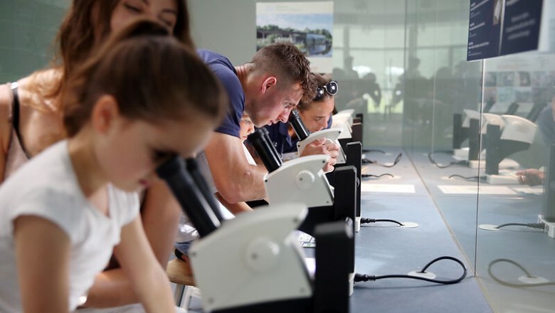 Menschen betrachten Objekte durch Mikroskope in einem Ausstellungsraum.