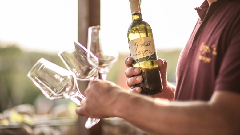 Person h&auml;lt eine Flasche Gr&uuml;ner Veltliner 2016 und mehrere Weingl&auml;ser.