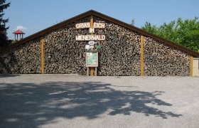 Holzstapel mit Schild 'Griaß Eich im Wienerwald'.