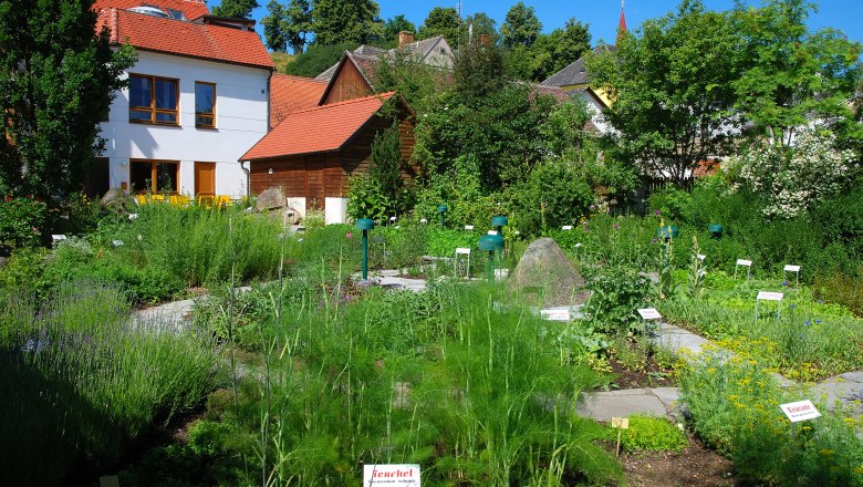 Kräutergarten mit Schildern und Gebäuden im Hintergrund.