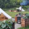 Glamping-Zelte und Hot Tub in grüner Umgebung.