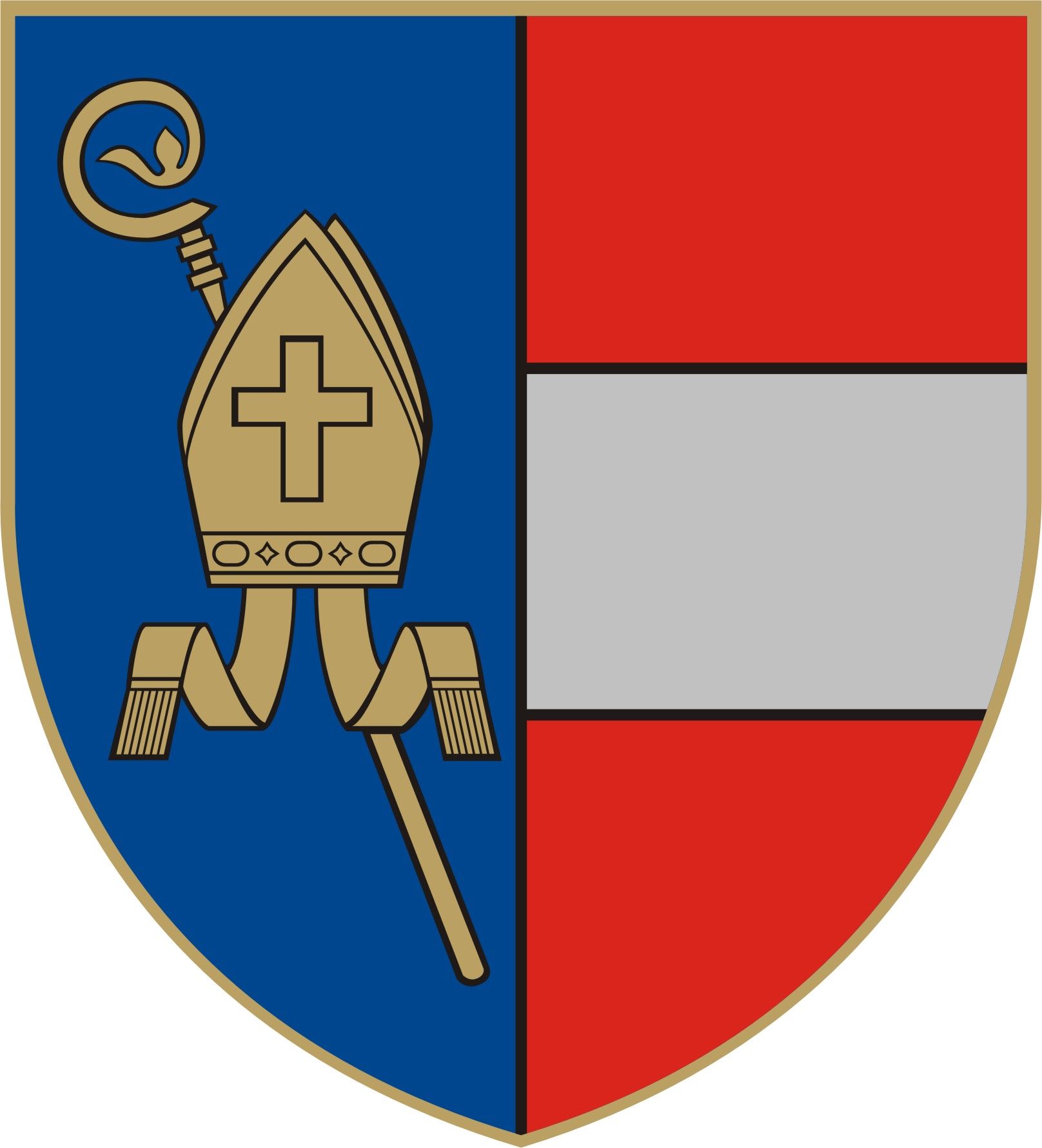 Wappen von Ruprechtshofen mit Bischofsmütze und Krummstab auf blauem Hintergrund, daneben rot-weiß-rotes Feld.